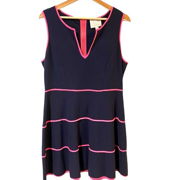 Sail to Sable Navy Blue Fit & Flare Dress Sz L Pink Trim V-Neck Coastal Preppy - Picture 1 of 6